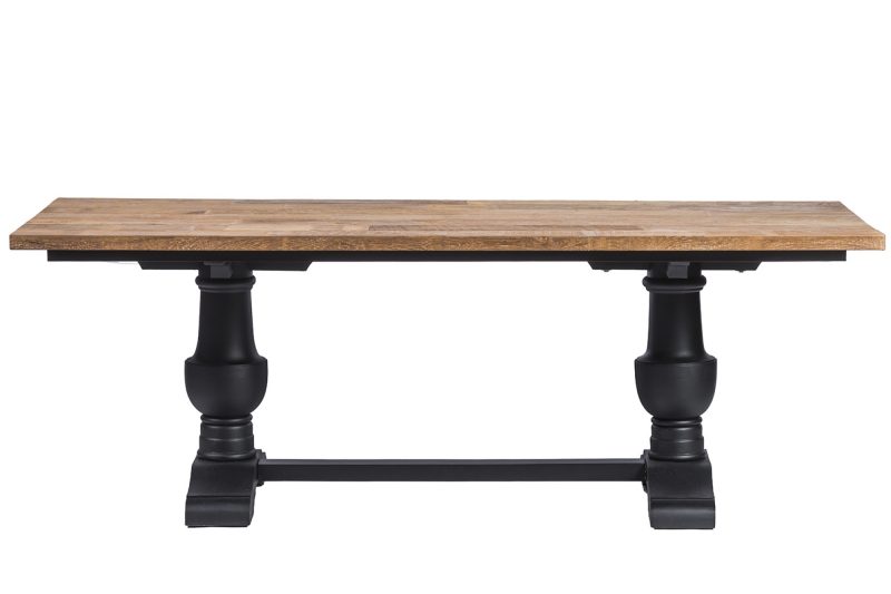 Table à diner en teck (220 x 100cm), piétement en bois noir vieilli