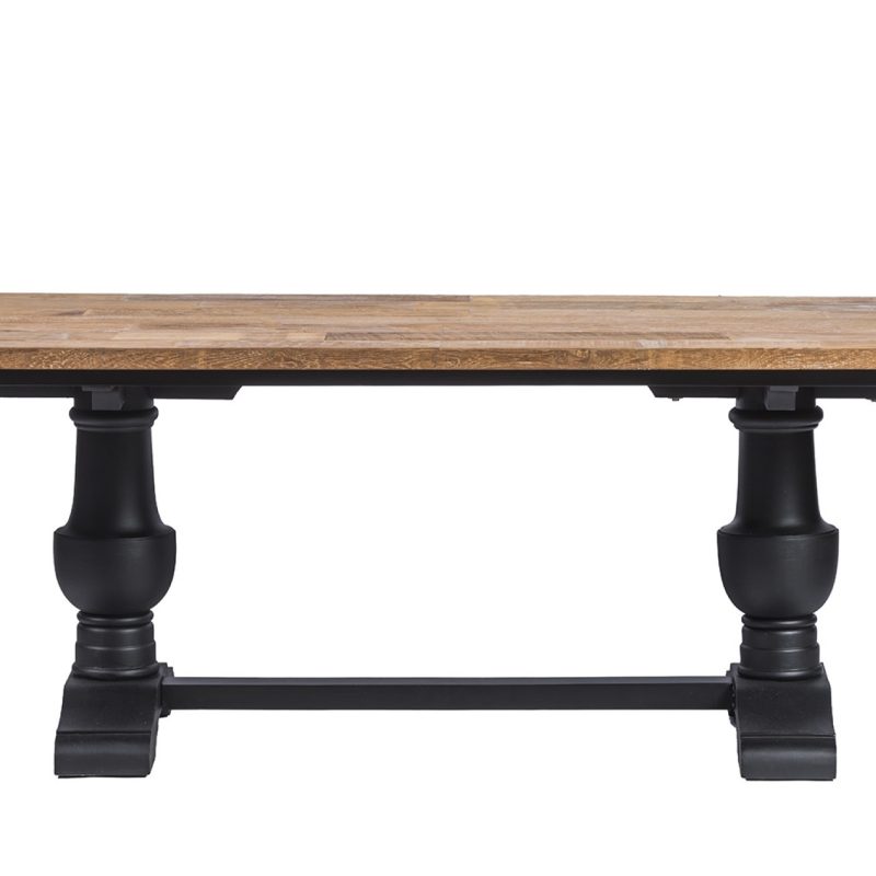 Table à diner en teck (220 x 100cm), piétement en bois noir vieilli