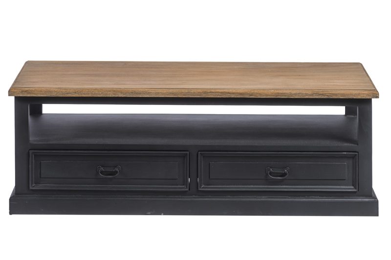 Table basse 4 tiroirs, plateau teck, finition en bois noir vieilli
