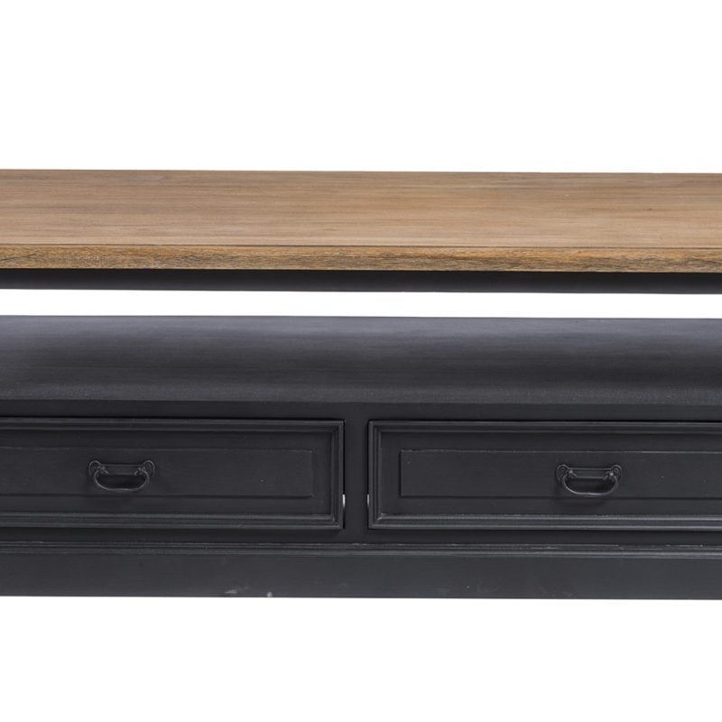 Table basse 4 tiroirs, plateau teck, finition en bois noir vieilli