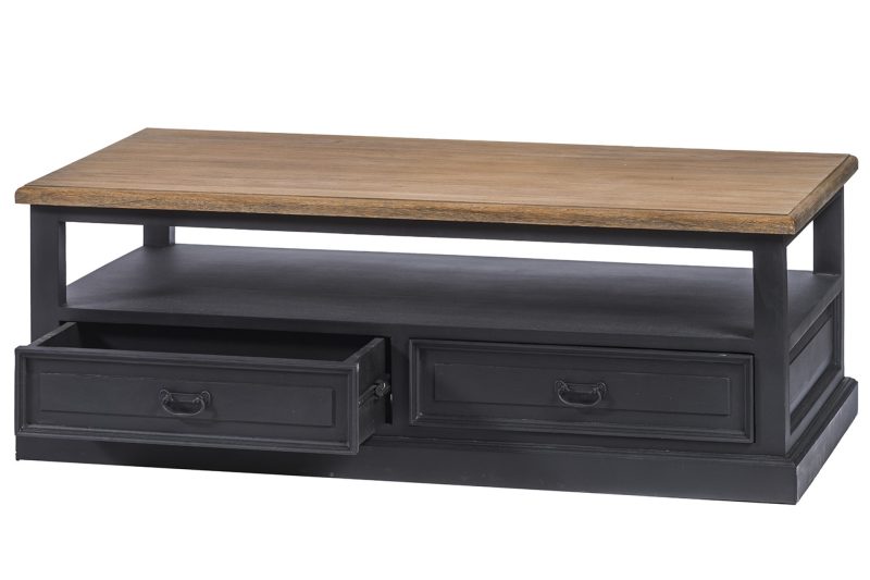 Table basse 4 tiroirs, plateau teck, finition en bois noir vieilli - Image 2
