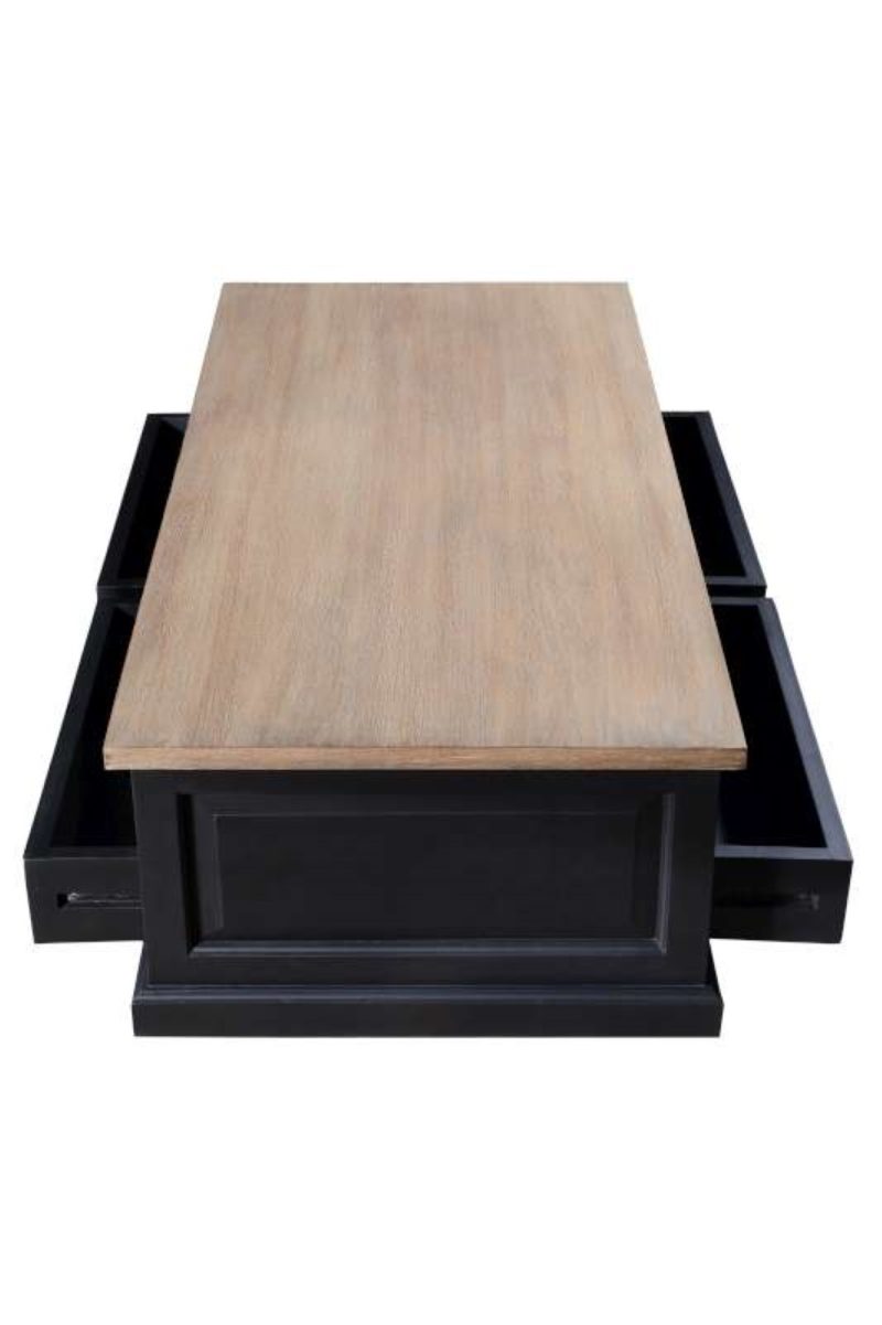 Table basse 4 tiroirs, plateau teck, finition en bois noir vieilli - Image 3