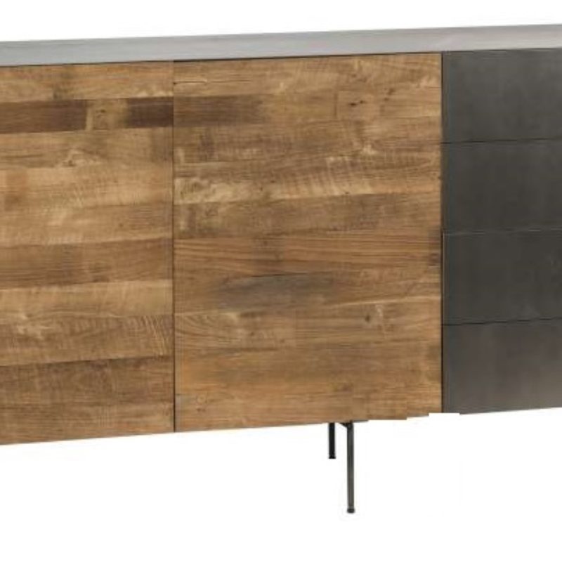 Buffet 2 portes en teck recyclé, 4 tiroirs, finition métal