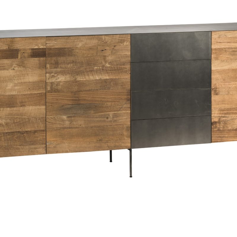 Buffet 3 portes en teck recyclé, 4 tiroirs, finition métal