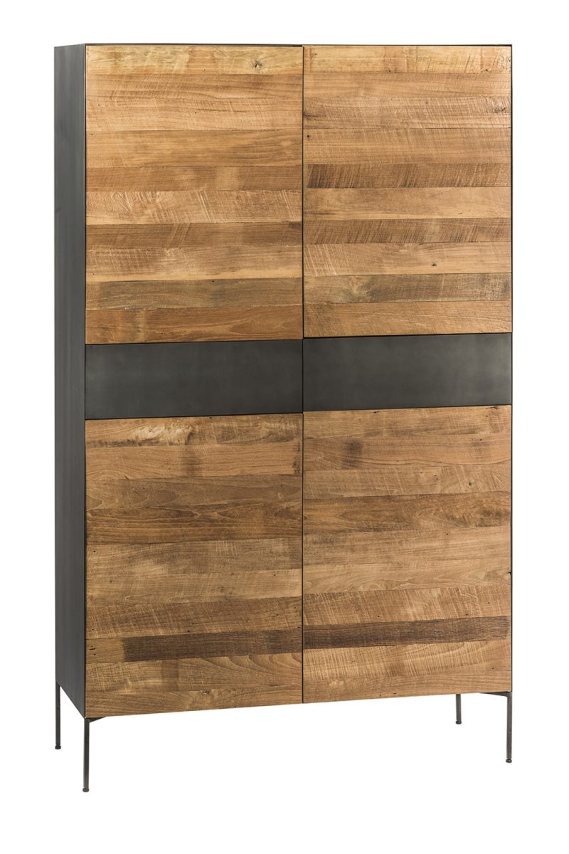 Buffet haut en teck recyclé, 4 portes, 2 tiroirs, finition métal