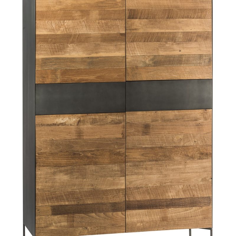 Buffet haut en teck recyclé, 4 portes, 2 tiroirs, finition métal
