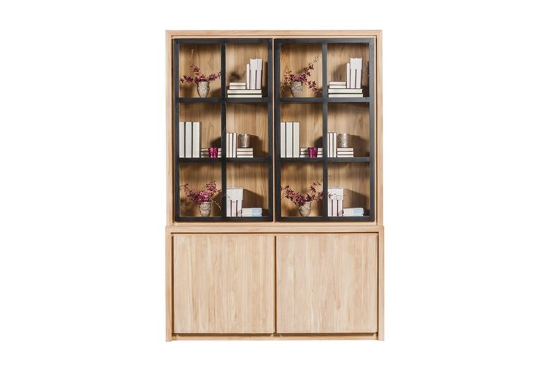 Bibliothèque en teck polo, 2 portes cadre noir éclairage led